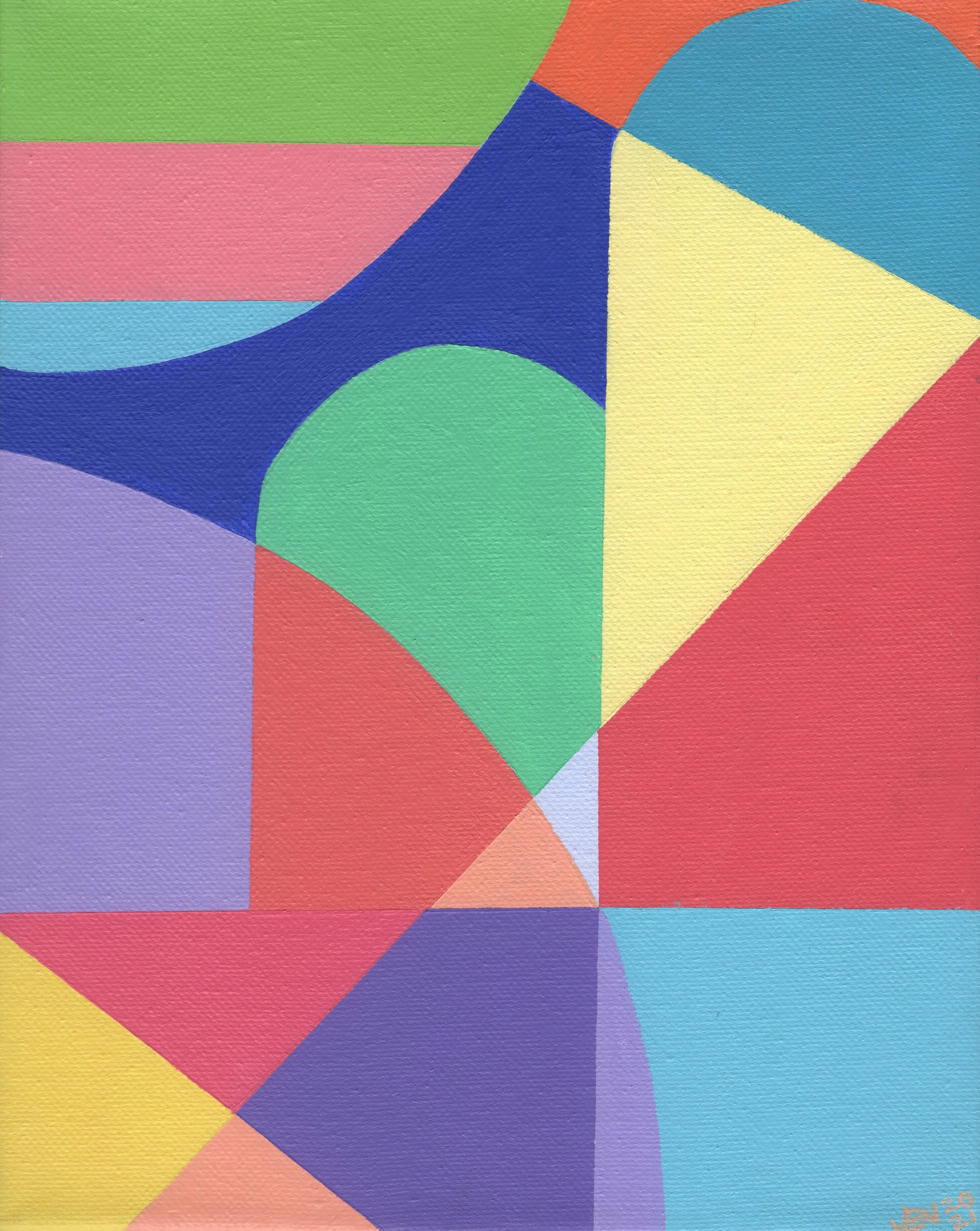 An abstract painting featuring fractured geometric shapes in violets, reds, blues, greens, and yellows.