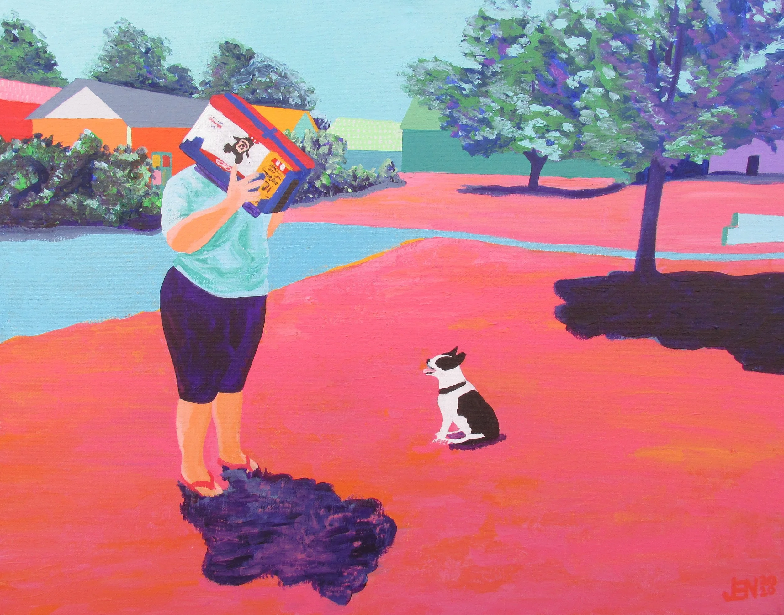 A painted snapshot of a woman with a box on her head and her dog on their front lawn.  jenisforlove can paint any snapshot.
