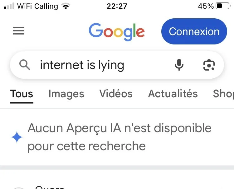 Capture d'écran d'une recherche Google avec la phrase "internet is lying" et un message indiquant 'Aucun Aperçu IA n'est disponible pour cette recherche'.