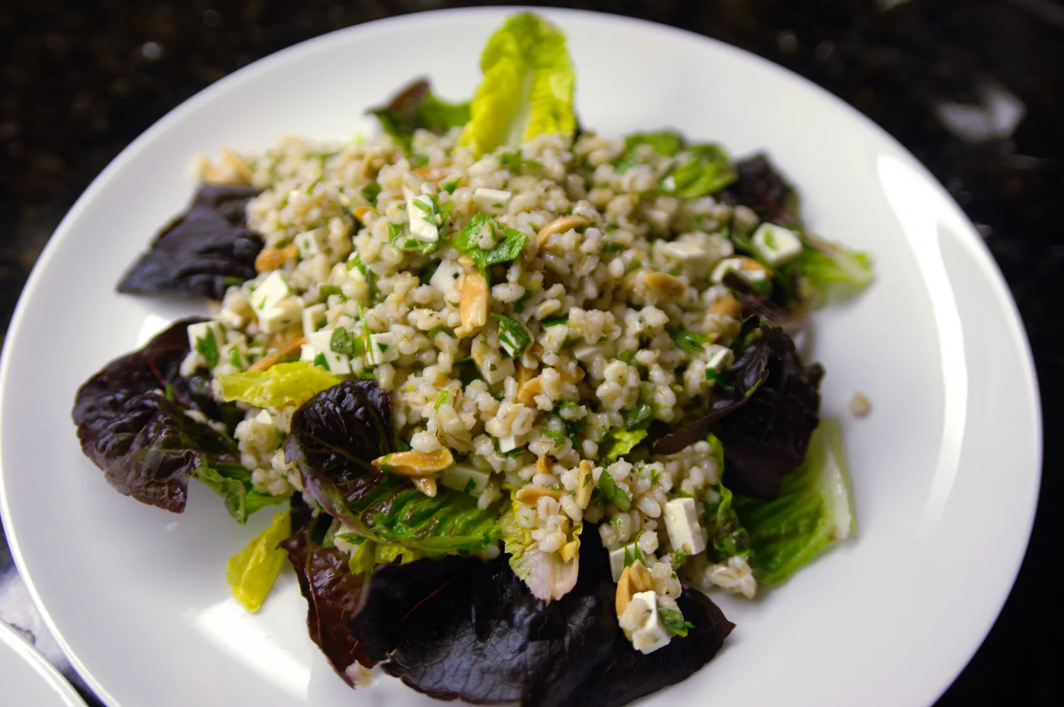 Barley Salad with Almonds and Parsley (baby lettuce leaves are tucked in here)