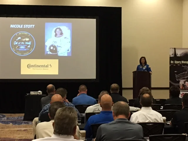 Former NASA astronaut Nicole Stott speaking about the importance of education before our Scholarship update