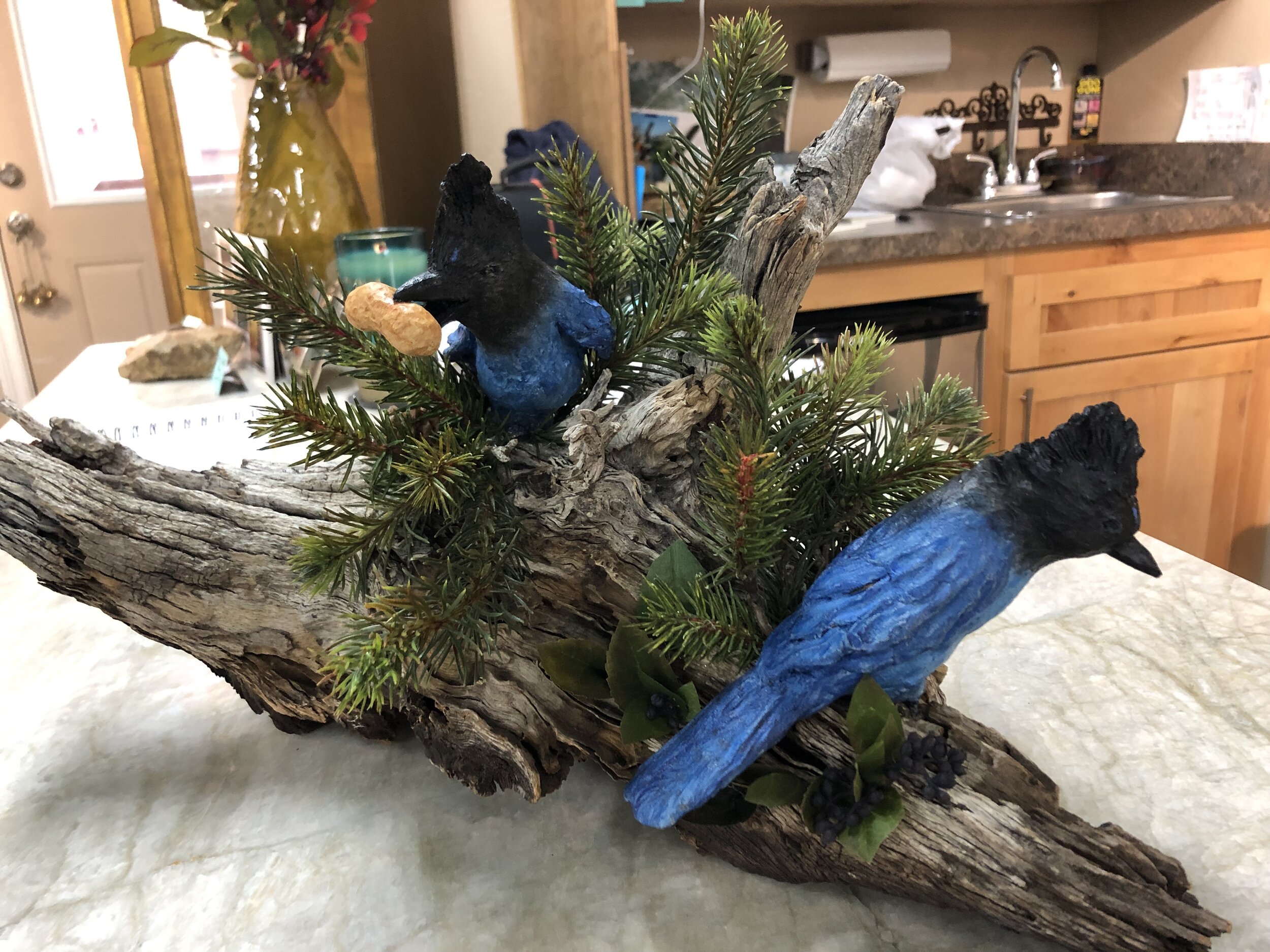 Hand Sculpted Steller's Jays by Jody Valmassy,  commissioned