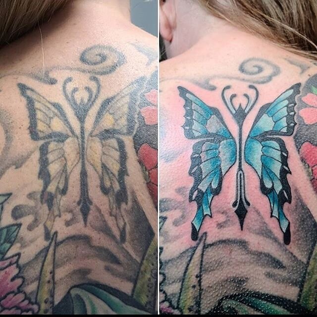 Rework by Allison Hall @ahtattoos #Recklesshearttattoo #yeahthatgreenville #greenvillesc #greenville #greenville360 #greenvilletattoo #badasstattoo #tattoo #tattooinspo #rework #butterflytattoo
