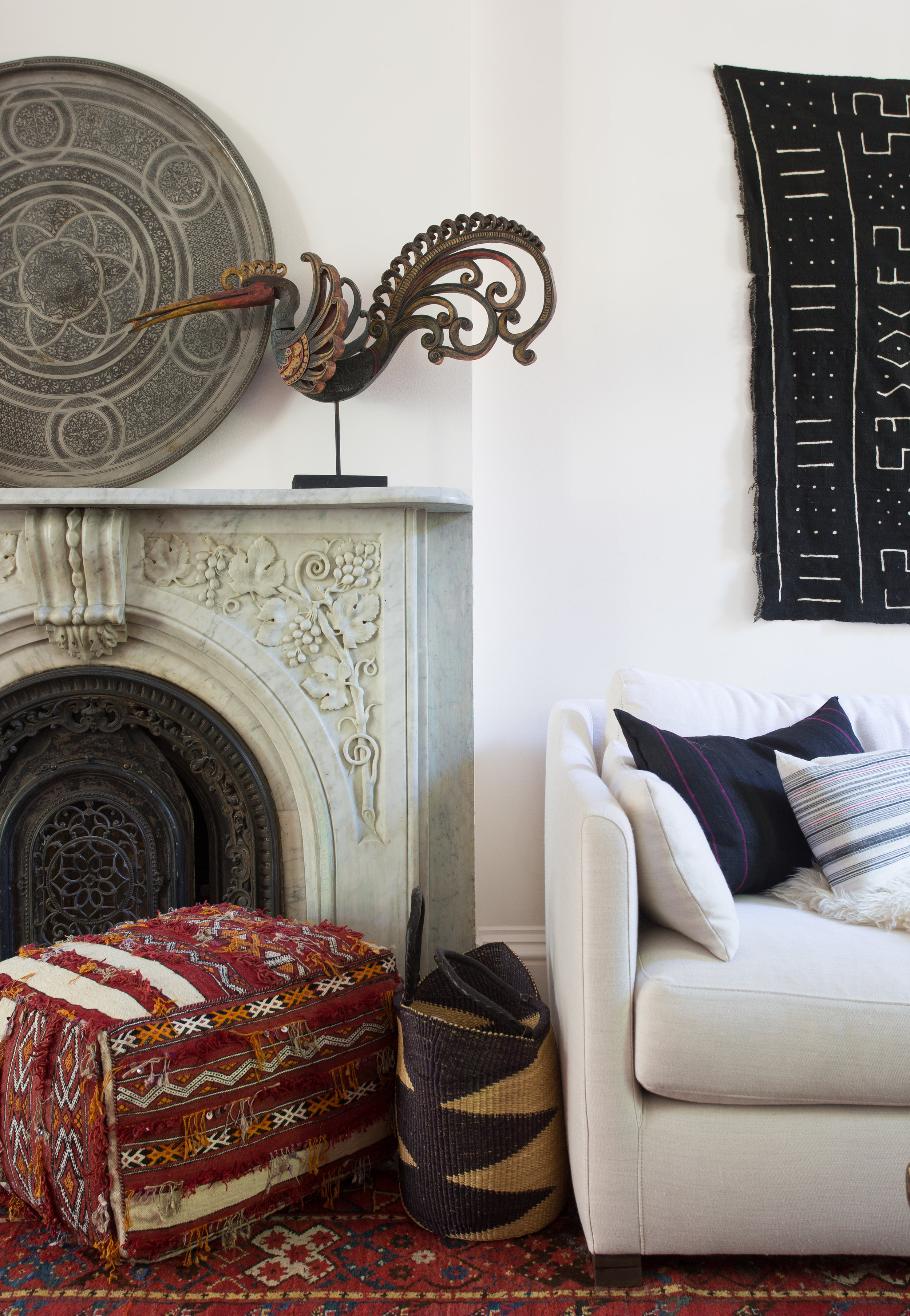 Indigo &amp; Ochre Design Cobble Hill Living Room Fireplace Closeup