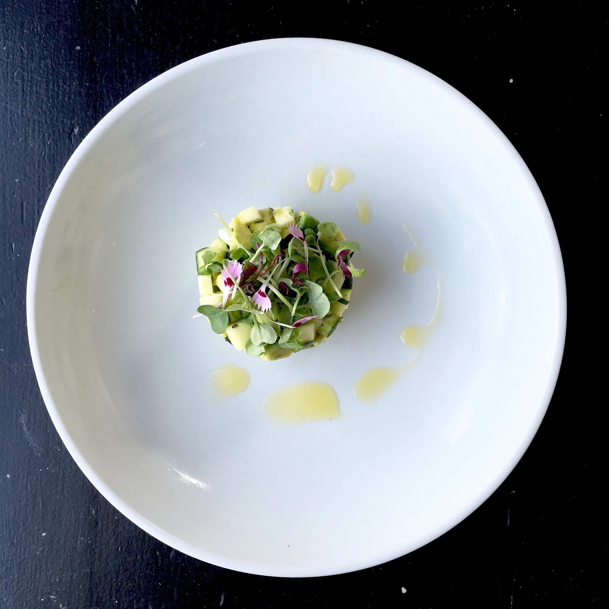 Zucchini Tartare // Zucchini / Avocado / Microgreens. This dish is light and refreshing! 