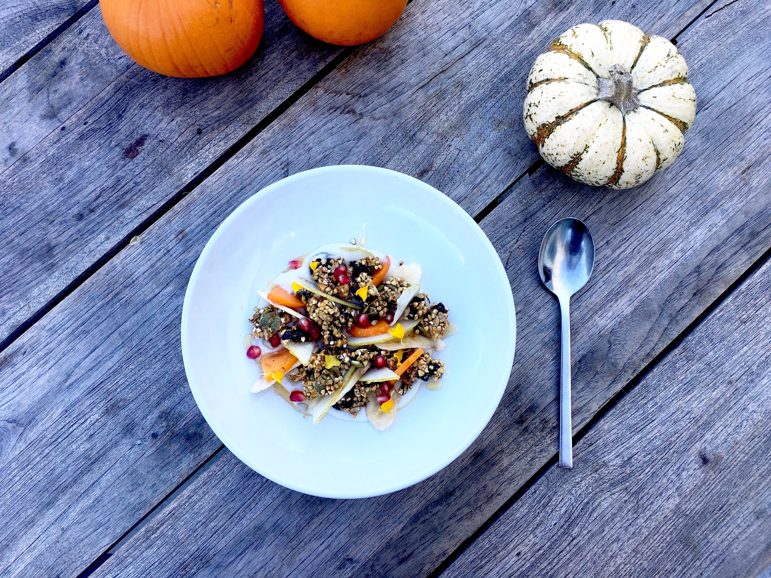 COYO (coconut yogurt) / Sprouted buckwheat granola / Persimmons / Pomegranate / Pears