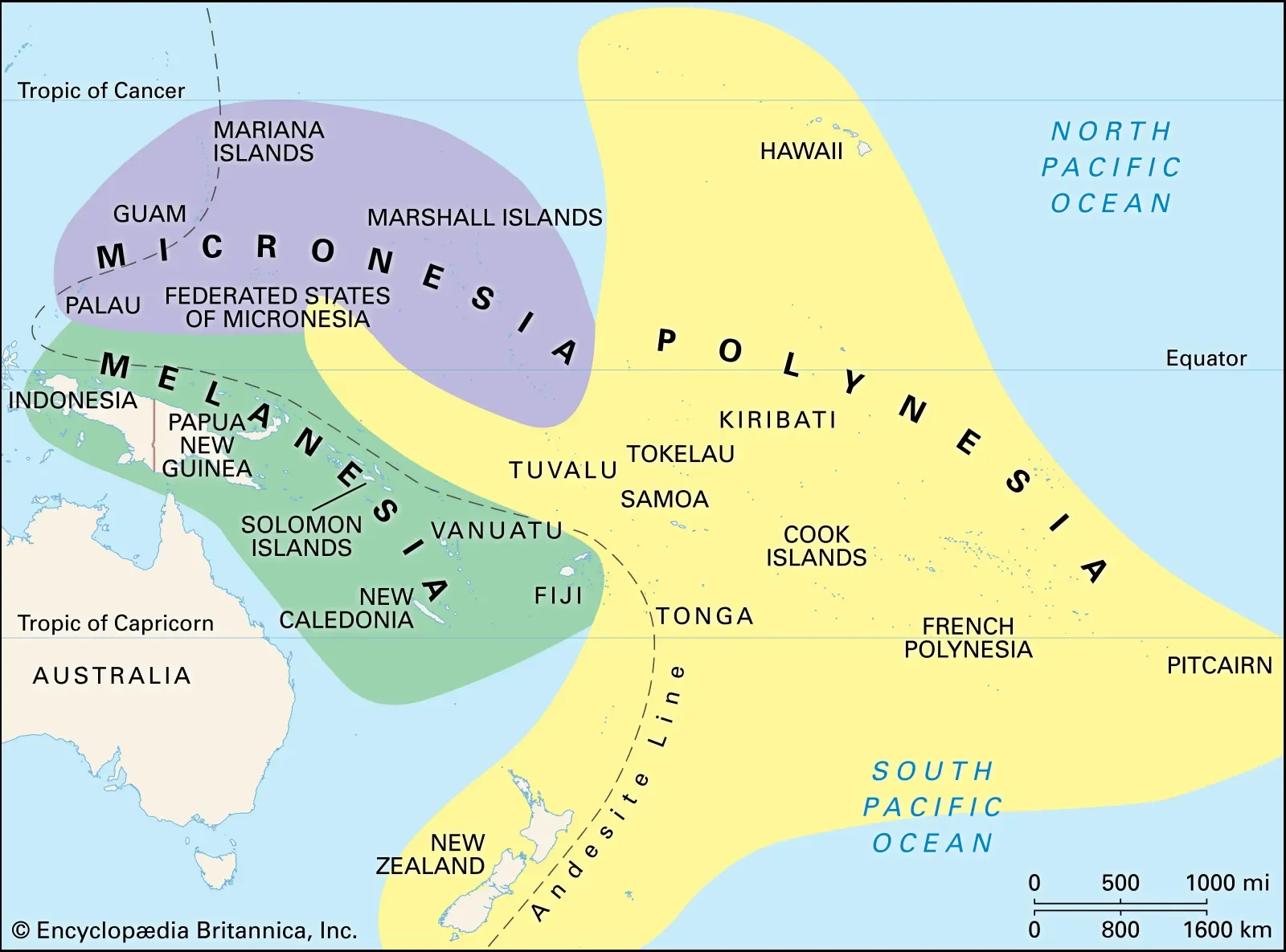  A map illustrating Polynesia, Micronesia and Melanesia.  