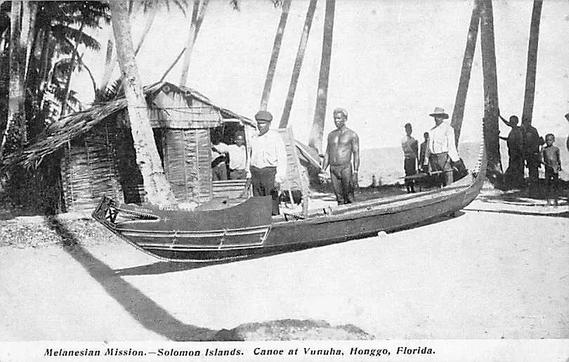 HONGGO, FLORIDA, SOLOMON ISLANDS ~ NATIVE CANOE ON DISPLAY AT VUNUHA ~1930s.webp