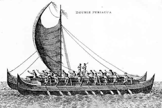  17th-century copper etching of a Hawaiian double-hulled voyaging canoe. 