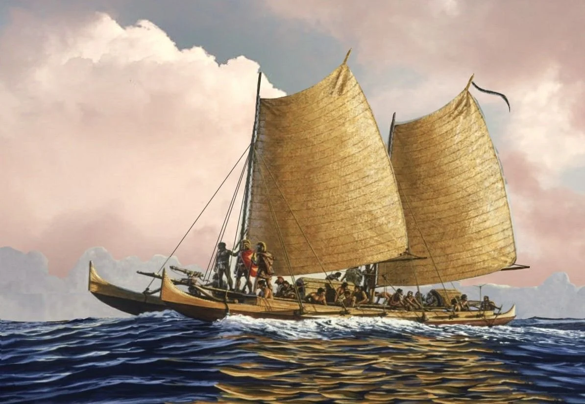  Hawaiian war canoe by Herb Kawainui Kane   Hawaiian war canoes , historically known as  waʻa peleleu , were   massive, deep, and wide double-hulled vessels built to transport warriors, weapons, and provisions during inter-island conflicts  . These f