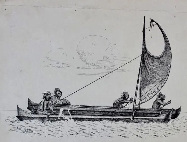  Hawaiian double canoe with crab claw sail. Archives Collection Te Papa. From a plate in Captain Cook's voyages. 