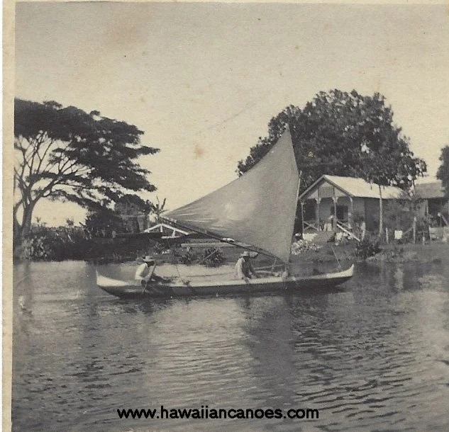  ca. 1920 photographic postcard illustrating a Hawaiian outrigger canoes known as wa’a kaukahi, equipped with a Western-style sprit sail. 