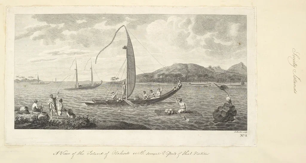  Society islands. “A view of the islands of Otaheite with several vessels of that nation.” Sketch drawn during Capt. Cook first voyage. Engraved by E. Rooker. 