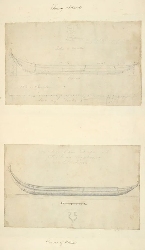  Society islands. Canoes of Utaheite. Sketch drawn by Alexander Buchan in the countries visited by James Cook on his first voyage. 