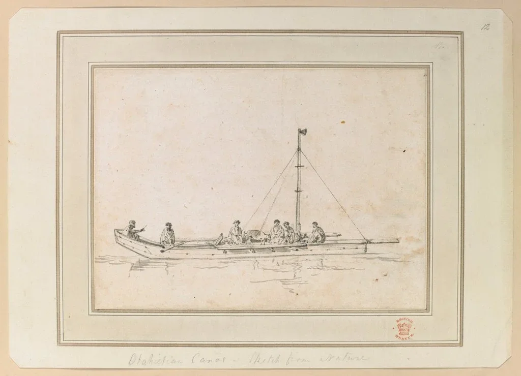  Otaheite canoe. Sketches and colored drawings made by J. Webber, during Captain Cook's third voyage, in 1776-1780,  Notice the raised stern section of the canoe, which seems to have inspired the one on the Hikianalia. 