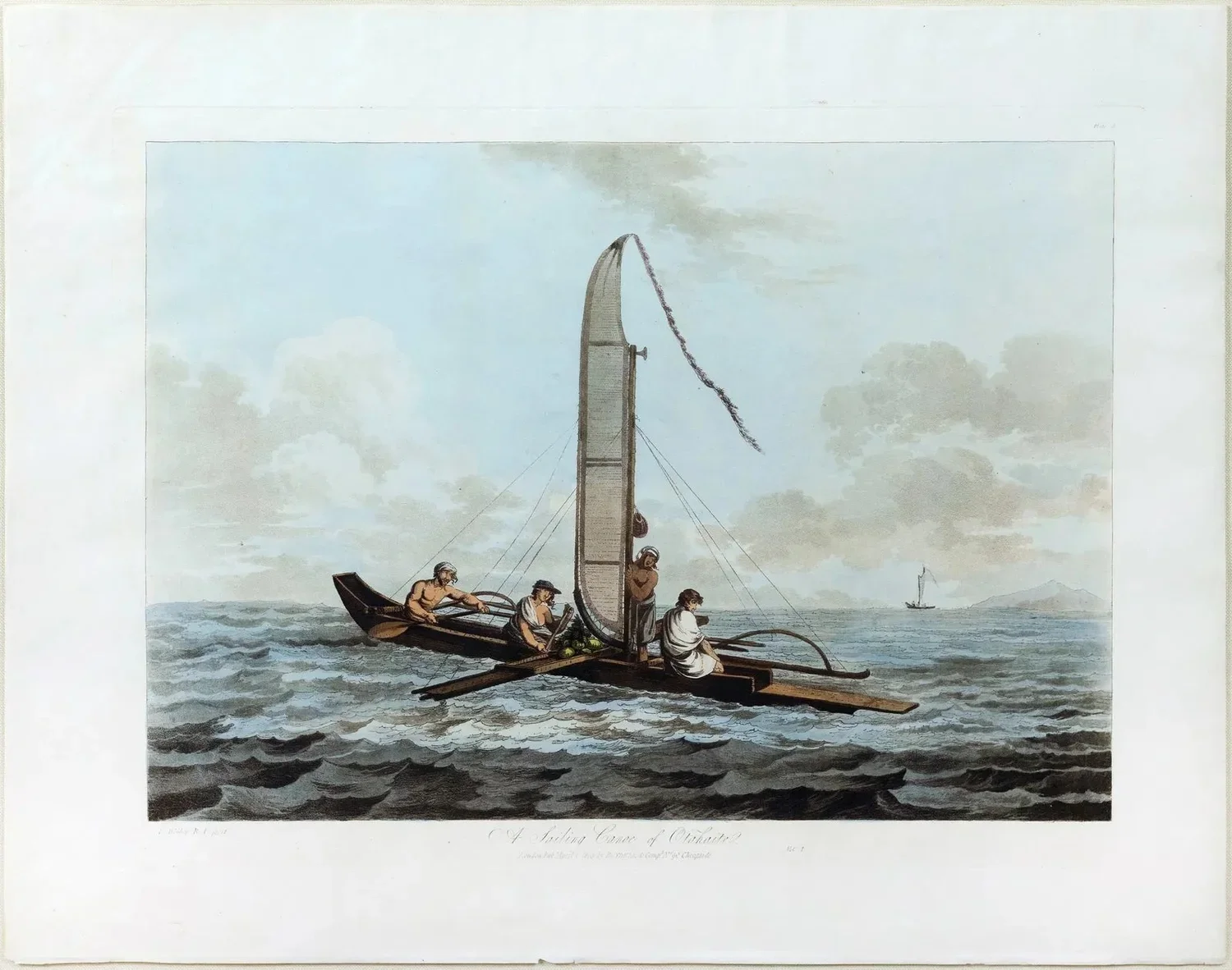  John Webber,, R.A. (1751-1793) Aquatint engraving with original hand color.  Plate 3. A Sailing Canoe of Otaheite by John Webber. Published in 1792. Four figures in a boat, two rowing in the stern, a woman standing at the mast, to which is secured a