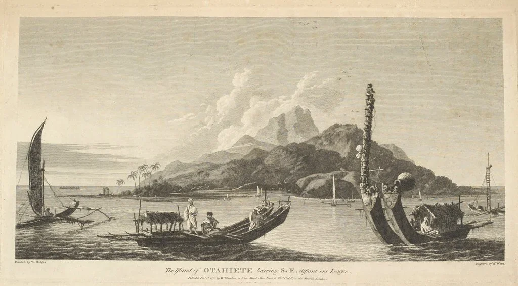  The island of Otahiete bearing S.E. distant one league. Painted by William Hodges and engraved by W. Watts. In the foreground, two double canoes, one with a cabin. Several other sailing vessels in the Bay 