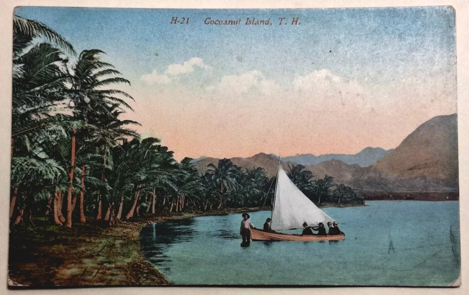  Early 20th Century postcard showing outrigger canoe with sprit sail. 