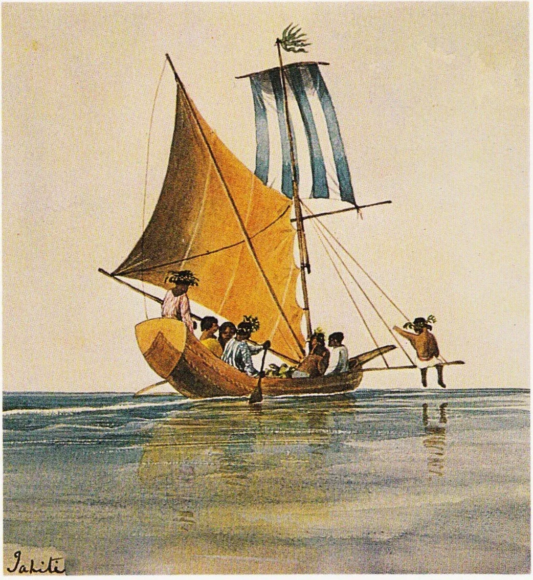  This is another watercolor by Capt. Henry Byam Martin, drawn around 1846-47.  The raised stern of this vessel must have inspired the builders of Hikianalia and those other identical double-hulled contemporary voyaging canoes. 