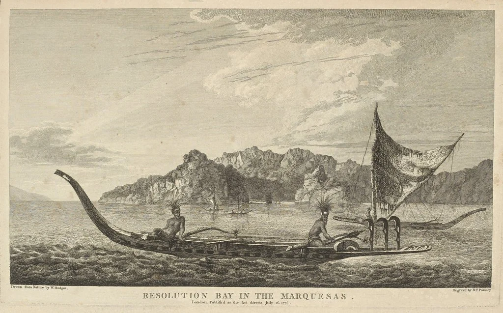  Resolution Bay in the Marquesas. Drawn from nature by William Hodges during Capt. James Cook second voyage , and engraved by B.T. Pouncey. Shows two Marquesan men with elaborate head-dresses in a canoe in the foreground, another manned canoe with a 