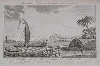  Antique engraving titled “A view of the new discovered island of Ulietea” which depicts a scene from Captain James Cook’s first voyage in 1769. The location shown “Ulietia” is the historical name for the island of Raiatea in French Polynesia. 
