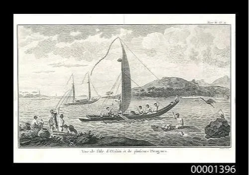  18th-century engraving titled  Vue de l’isle d’Otahiti et de plusieurs pirogues.   The artwork depicts Matavai Bay in Tahiti, featuring ytaditional Polynesian vessels known as   ivahahs   (short trip canoes) and   pahies   (long voyage canoes) 