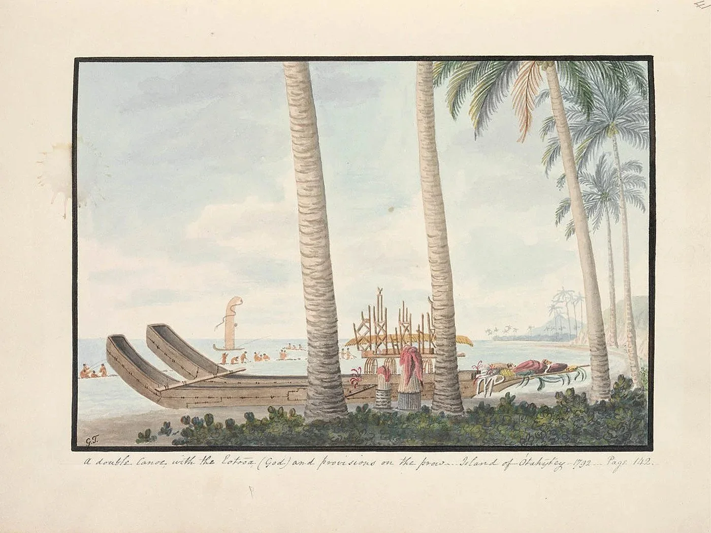  Watercolor titled “ A double canoe with the Eotooa  (God)  and provisions on the Prow”  and was created by George Tobin in 1792.  Who was George Tobin ?   From 1788-90 Tobin was employed in the service of the East India Company, voyaging to Madras a