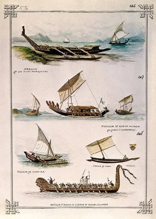  This is a historical illustration titled “ANTIGUAS PIRAGUAS” featuring traditional canoes from the Marquesas islands, New-Guinea, Sumatra and New Zealand.   The artwork was created by Rafael Monleon (1853-1900) 