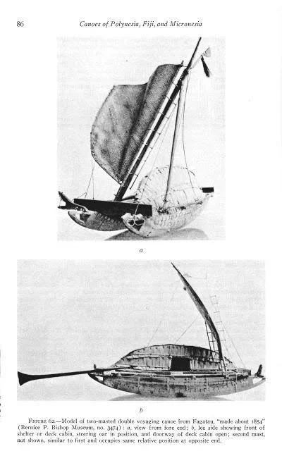 Model of two-masted double hull voyaging canoe from Fagatau, made about 1854. Bishop Museum, Honolulu 