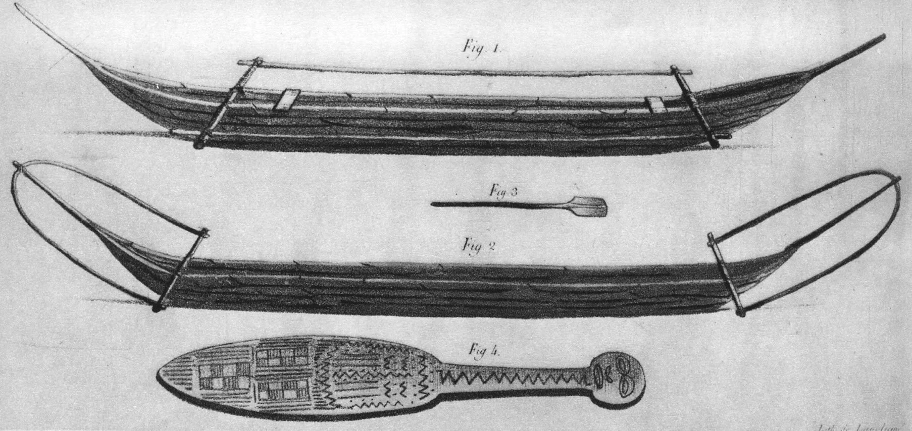  This image is an engraving tiled “Bateaux a cames de l’ile de Paques (Canoes of Easter Island) by Louis Choris, created around 1823  It illustrates traditional outrigger canoe (waka ama) and a paddle (hoe) used by early inhabitants of Rapa Nui. (Eas