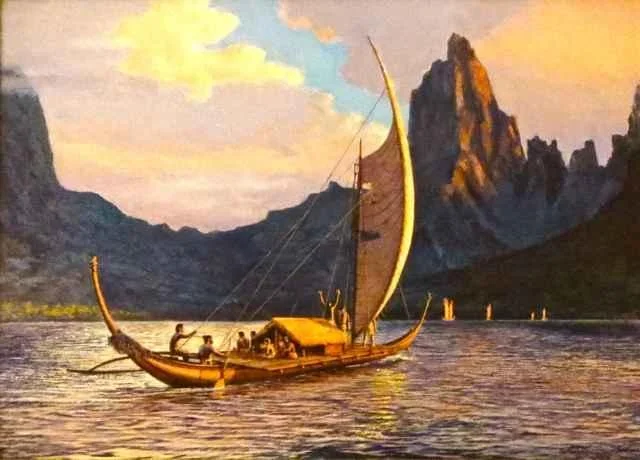  A painting by Herb Kawainui Kane depicting a canoe from Rurutu arriving at Mo’orea, Tahiti. 