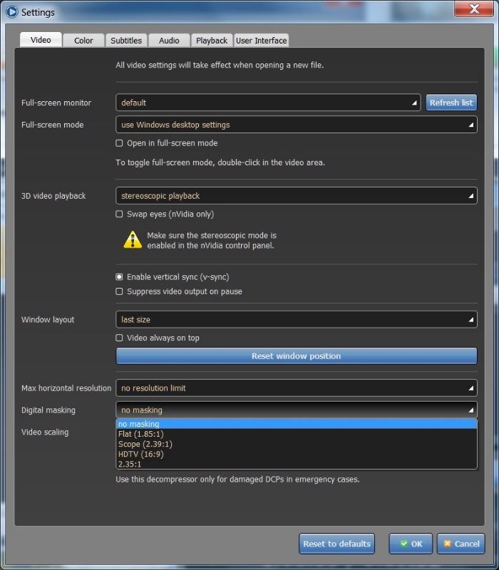 The General Video settings, where you can set scaling and masking as needed.