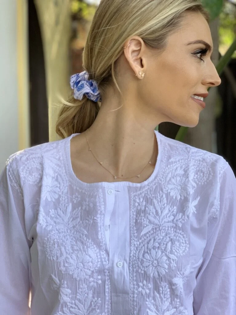 White Classic Indian Hand Embroidered Cotton Tunic - Short -Knee Length   Ya Living