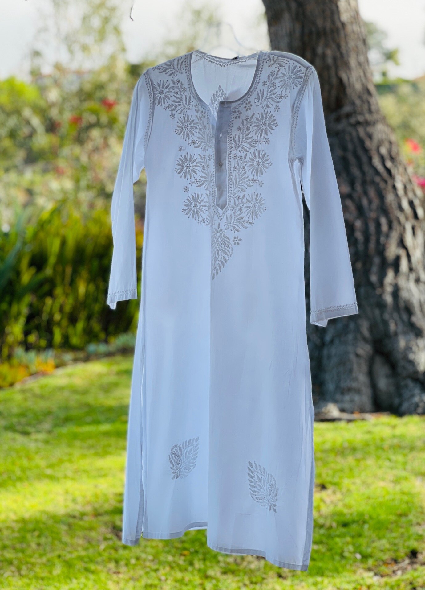 Classic Indian Hand Embroidered Cotton Tunic - LONG -Calf Length  Ya Living