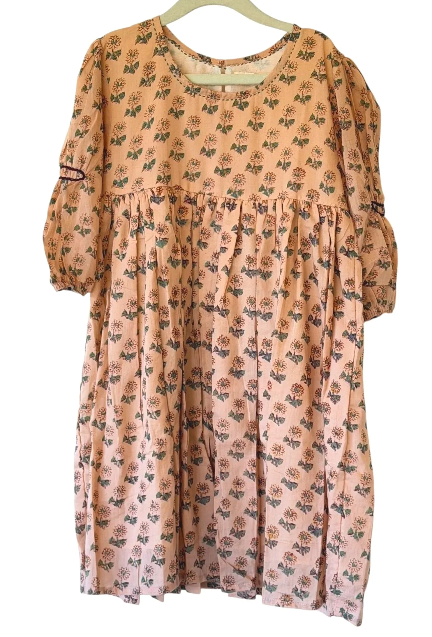 Natural Garden Luna girls’ cotton dress with peach-toned floral print, empire waist and three-quarter puff sleeves