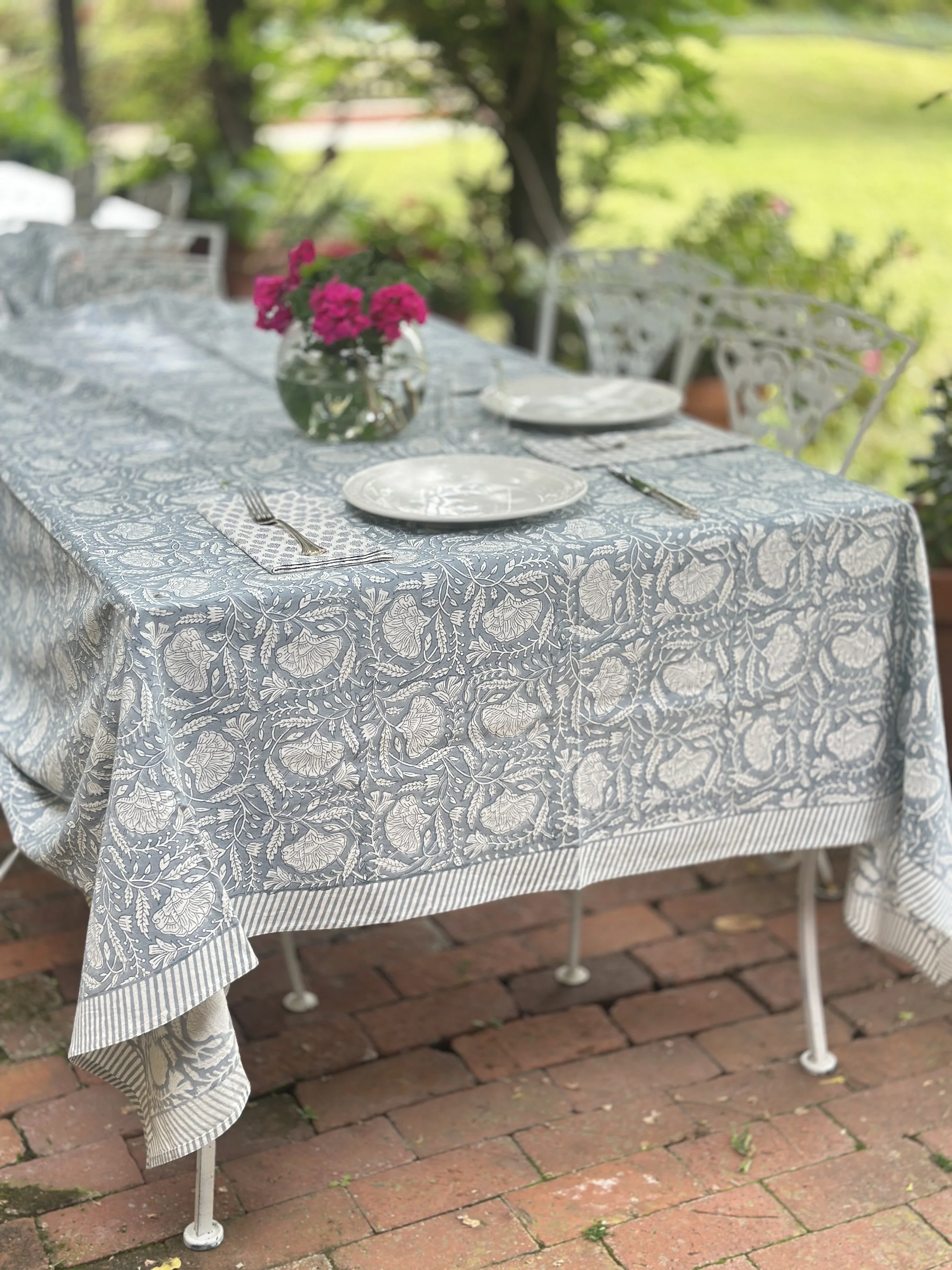 Soft Dove Gray & White Chintz Hand printed Marigolds - Extra