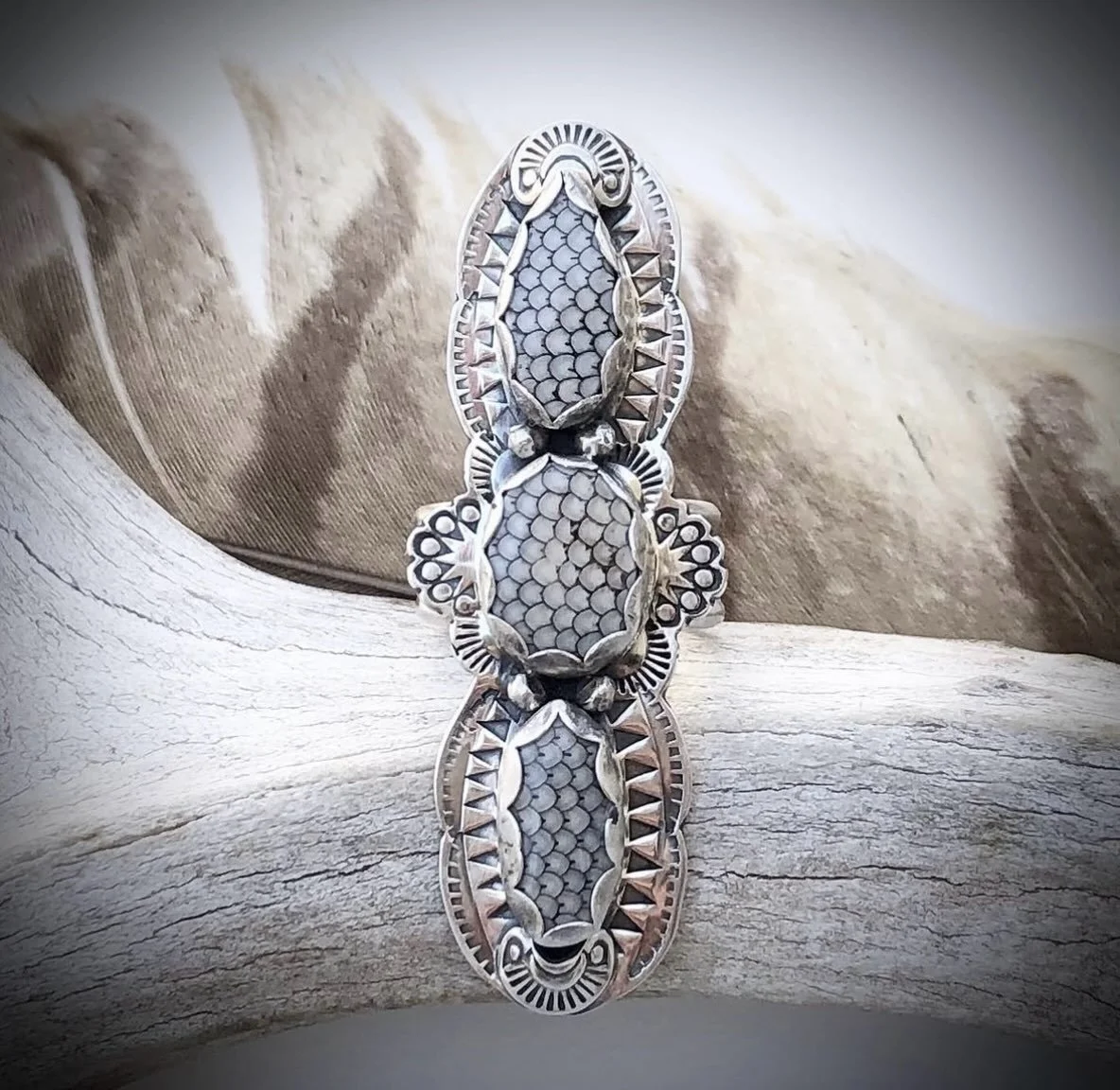 Hand stamped OOAK statement ring with Snakeskin Jasper in sterling silver. I love the meditative quality of stamping. Nothing is perfect, and the negative space is as important as the positive space. It&rsquo;s intricate and like a puzzle to figure o