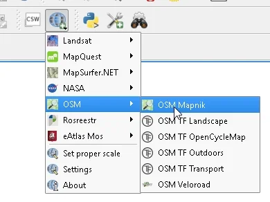 3 - After importing the GPX, make sure it looks correct by adding a map layer. Select from the extensions toolbar in QGIS, the "Quick Map Service" (a standard extension that comes with QGIS base installation). Select the Open Street Map "OSM Mapnik" layer