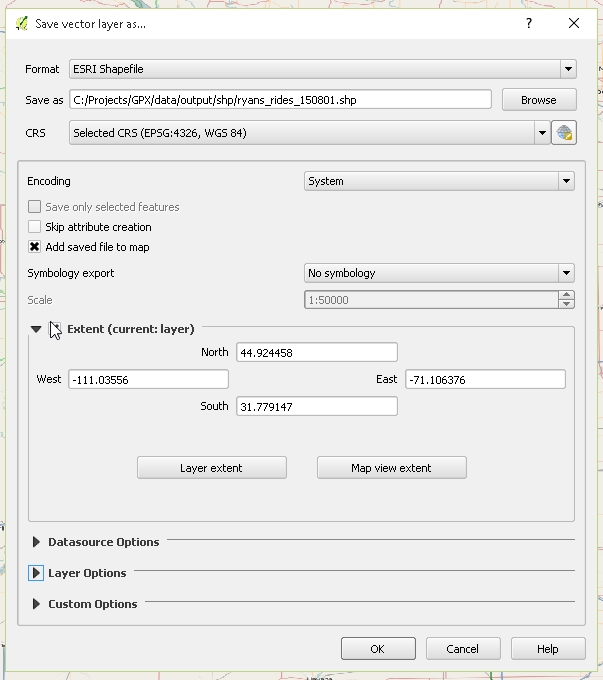 6 - Set the following options (save the SHP file to your local project directory) to export the GPX as a Shapefile.