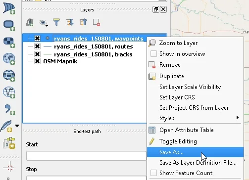 5 - Now find the "waypoint" layer in the layer menu on the left side of your screen. Right click the waypoint layer from your GPX file, and select "save as"