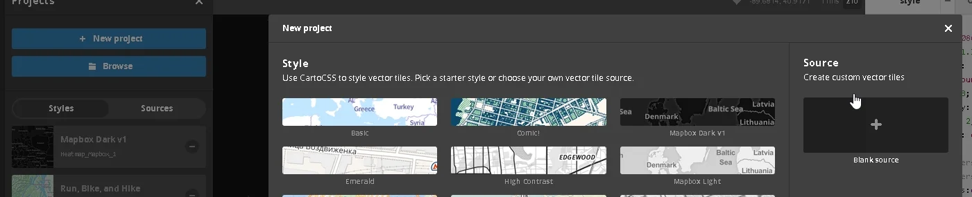 1 - Open Mapbox Studio, and click the icon in the bottom left corner "Project". Then Click the blue "New Project" button. Finally, in the new project window, select "Source" "Blank Source"