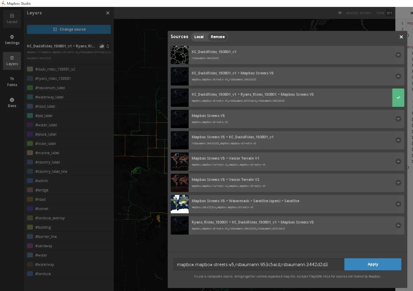 2 - Click the "Layers" button, and select "Change Source". All that we want is the box at the bottom, which is a list of comma-separated data layers to include in the map. Here is the map layer you want: mapbox.mapbox-streets-v5 You should see the data layer that you uploaded in the "Remote" list of values in the selection toolbar. Copy/Paste the layer ID and add it to the bottom text form (left of "Apply"), with a comma separating the map ID and your data layer ID.