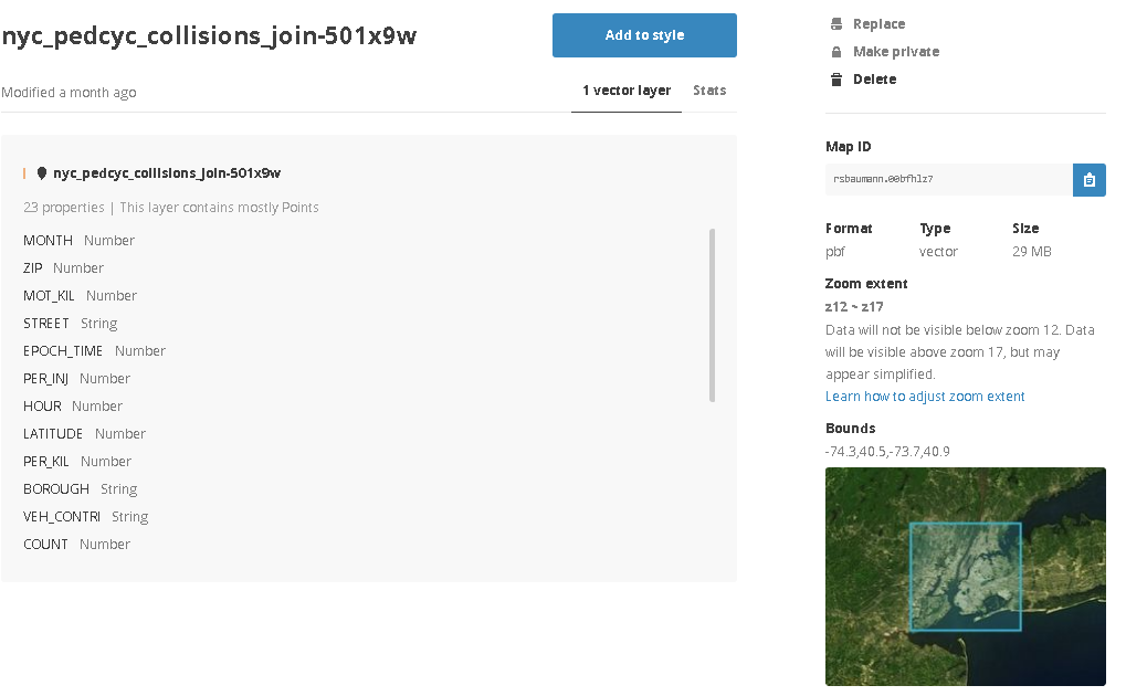 Mapbox converted my CSV file to vector tiles! Grab your 'Map ID' string from the right sidebar. Your Public Access token is on the main Mapbox Studio home page.