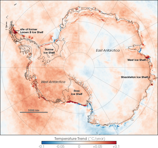 Scientists from NASA’s Goddard Space Flight Center have been working for several years to create and refine a satellite map of long-term temperature change in Antarctica. This image illustrates long-term changes in yearly surface temperature in and around Antarctica between 1981 and 2007. Places where it warmed over time are red, places where it cooled are blue, and places where there was no change are white.