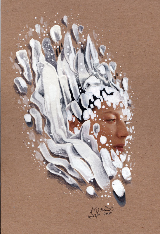 "Transcend", house paint, colored pencil, paint marker, collage on Chipboard, 2016