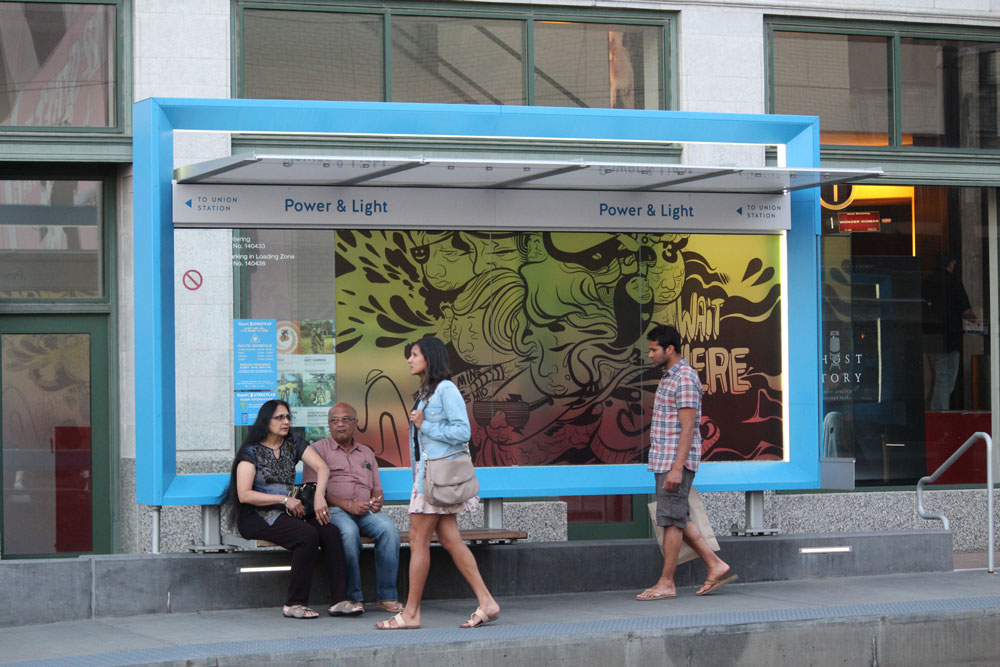 Art In The Loop 2017 -" Wait Here" (Vinyl art installed on street car stop on 14th & Main)