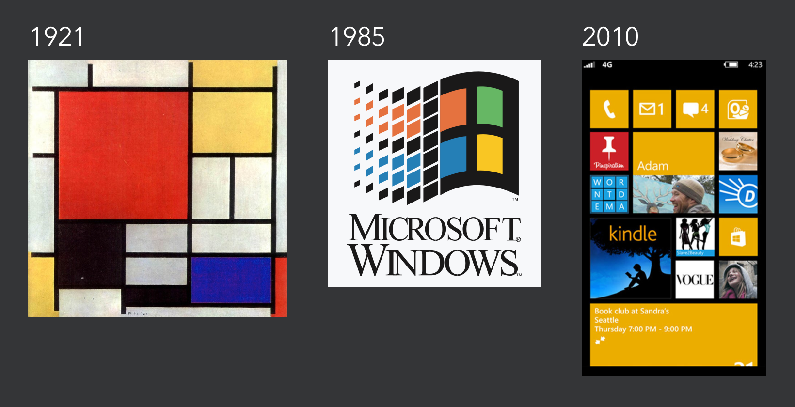 De Stijl painter Piet Mondrian produced Composition with Red, Yellow, and Blue in 1921. His work had an immense impact on design thought. Notice the similarity to the original Windows Logo and the aesthetic of Windows Modern.