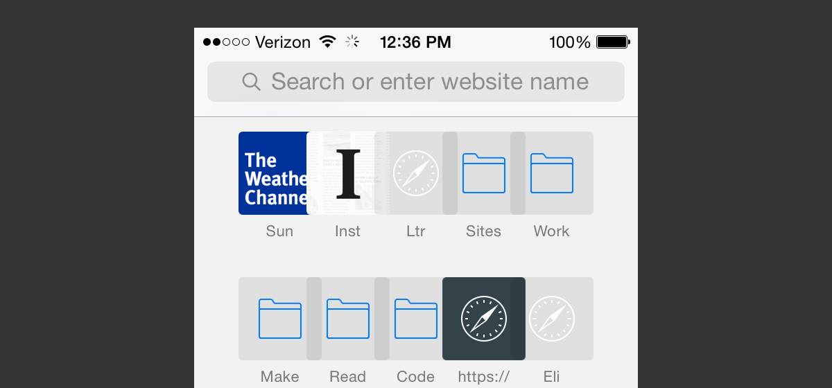 Jony Ive’s iOS 7 was introduced with many visual bugs that left a sour taste in the mouths of those expecting fit and finish from Apple. iOS 8 still contains many visual design bugs. In this example, bookmarks in Safari inexplicably overlap with each other.