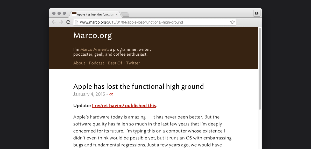 Marco Arment's blog post: "Apple has lost the functional high ground."