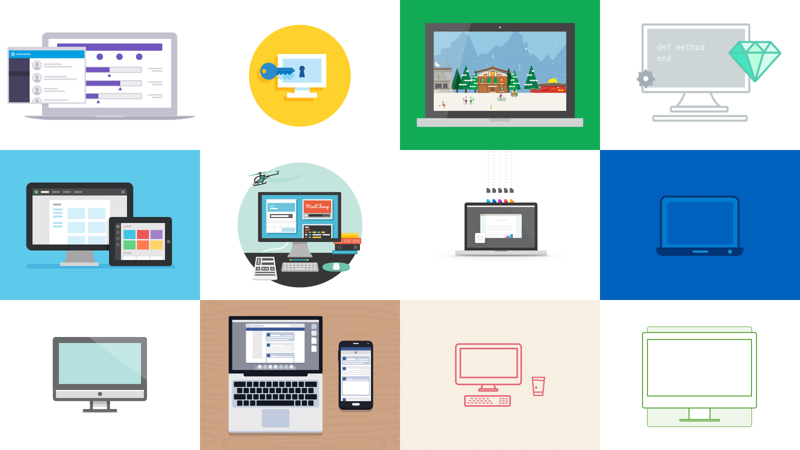 One can find modern minimalist creativity displayed throughout the industry. In order: Heroku, Palantir, Google, Thoughtbot, Treehouse, MailChimp, Box, Intel, Dropbox, Facebook, Campaign Monitor and InVision.
